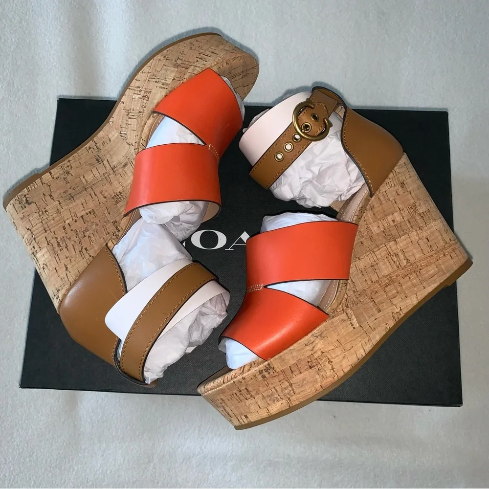 NEW! COACH Isla Colorblock Wedges, Leather & Cork, size 8.5, Brand New in Box! - Picture 10 of 16